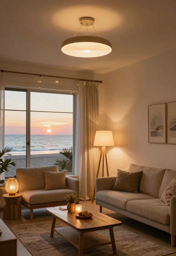 10 Beach House Living Room Ideas That Feel Breezy and Calm 10. Layered Lighting 0