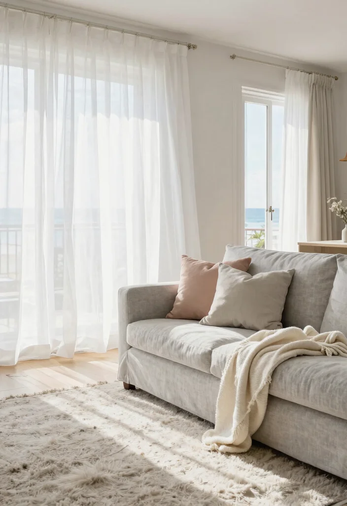 10 Beach House Living Room Ideas That Feel Breezy and Calm 5. Light and Airy Fabrics 0