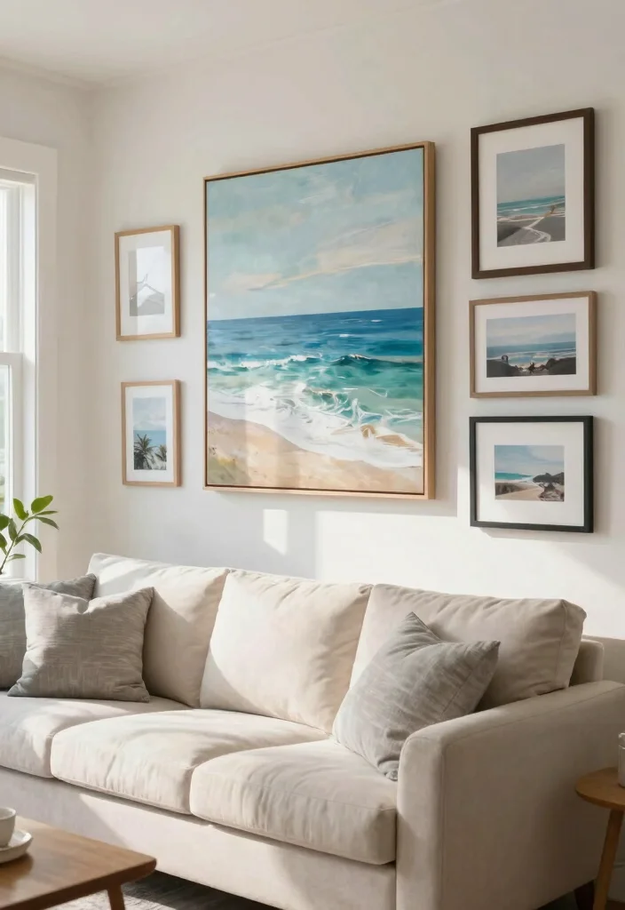 10 Beach House Living Room Ideas That Feel Breezy and Calm 6. Coastal Inspired Artwork 0