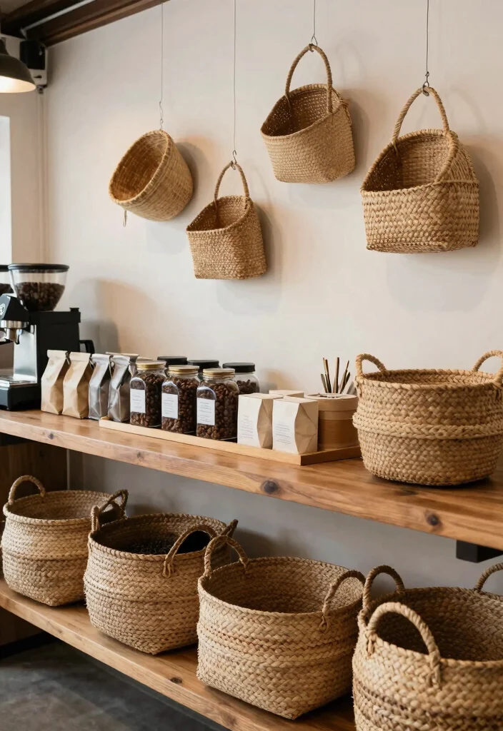 10 Boho Coffee Bar Ideas with Texture Plants and Personality 5. Use of Woven Baskets for Storage 0