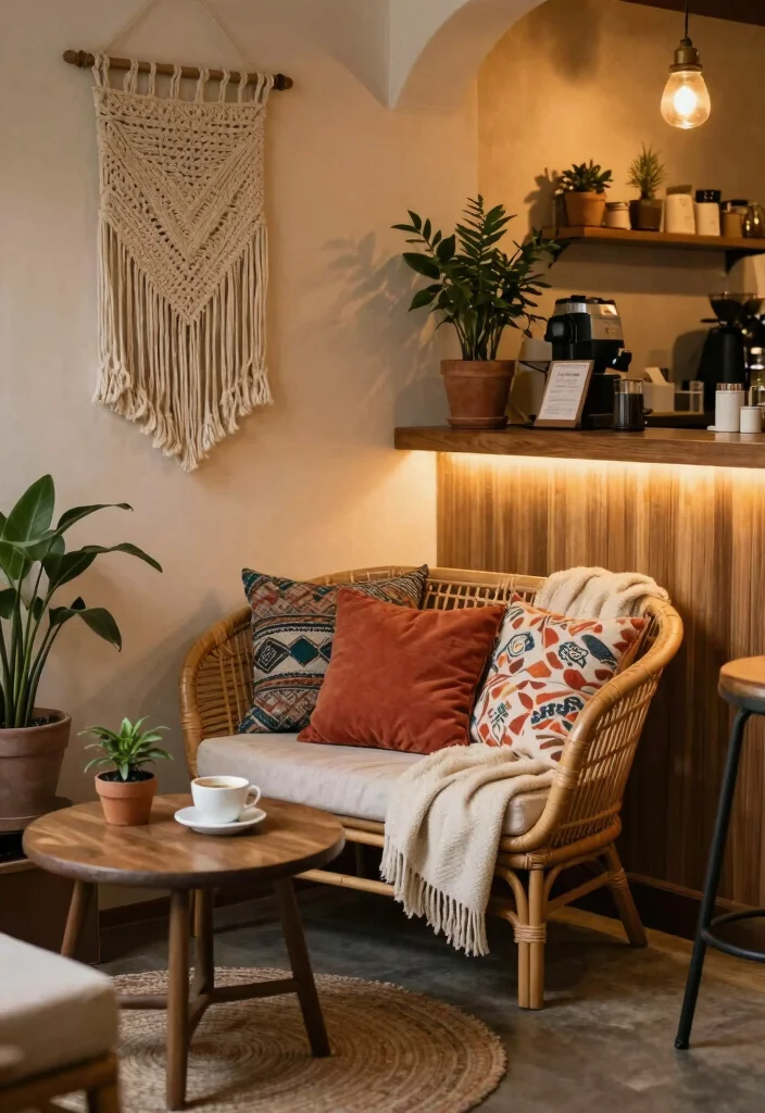 10 Boho Coffee Bar Ideas with Texture Plants and Personality 8. Cozy Seating Nook 0
