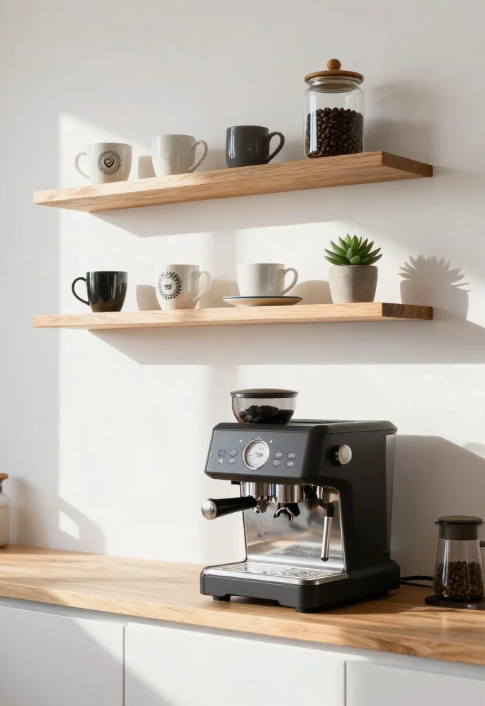 10 Countertop Coffee Bar Ideas That Feel Clean and Curated 1. Floating Shelves for a Breezy Look 0
