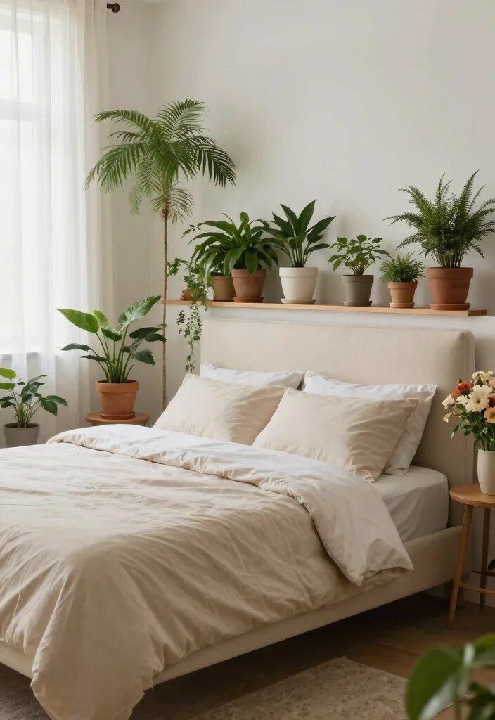 10 Cream Headboard Bedroom Ideas with Warm Layered Neutrals 37 10 Cream Headboard Bedroom Ideas with Warm Layered Neutrals 7. Nature Inspired Serenity with Greenery 0