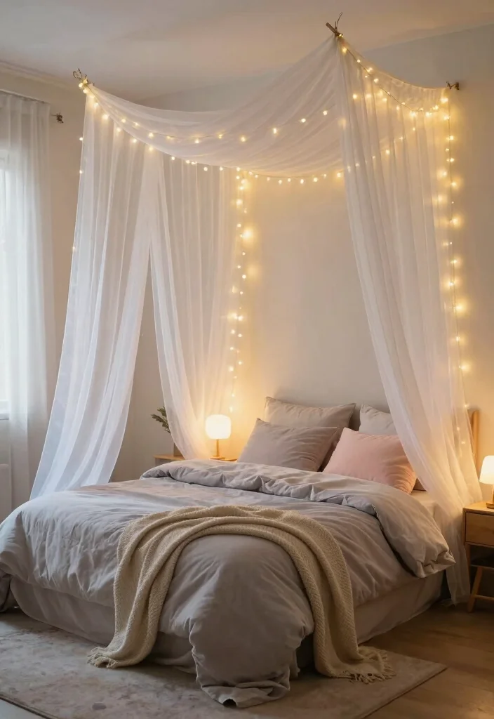 10 Fake Headboard Ideas That Instantly Add Character 4. String Lights and Fabric 0