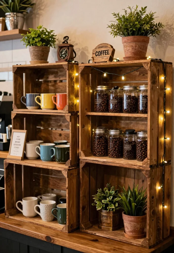 10 Farmhouse Coffee Bar Ideas with Warm Wood and Soft Lighting 1 10 Farmhouse Coffee Bar Ideas with Warm Wood and Soft Lighting 1. Vintage Wooden Crates Display 0
