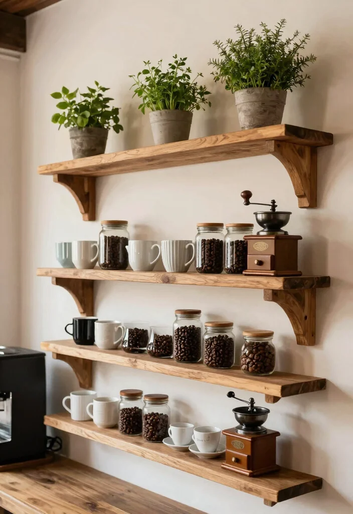 10 Farmhouse Coffee Bar Ideas with Warm Wood and Soft Lighting 13 10 Farmhouse Coffee Bar Ideas with Warm Wood and Soft Lighting 3. Rustic Wall Shelves 0