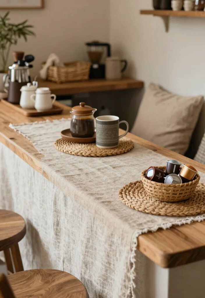 10 Farmhouse Coffee Bar Ideas with Warm Wood and Soft Lighting 25 10 Farmhouse Coffee Bar Ideas with Warm Wood and Soft Lighting 5. Natural Textiles 0