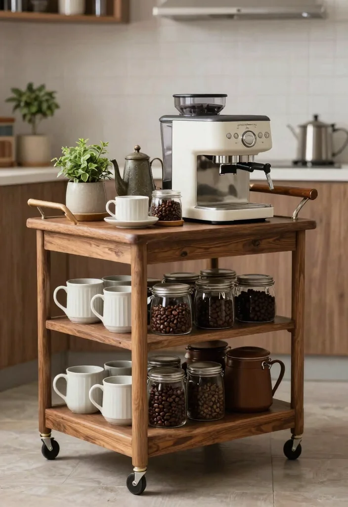 10 Farmhouse Coffee Bar Ideas with Warm Wood and Soft Lighting 26 10 Farmhouse Coffee Bar Ideas with Warm Wood and Soft Lighting 6. Coffee Bar Cart 0