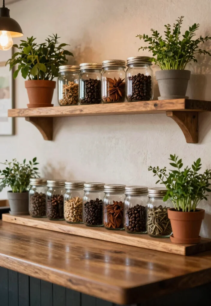 10 Farmhouse Coffee Bar Ideas with Warm Wood and Soft Lighting 39 10 Farmhouse Coffee Bar Ideas with Warm Wood and Soft Lighting 9. Herb and Spice Shelf 0