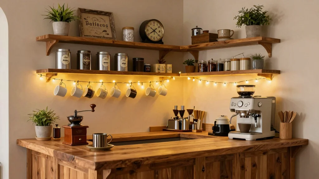 10 Farmhouse Coffee Bar Ideas with Warm Wood and Soft Lighting
