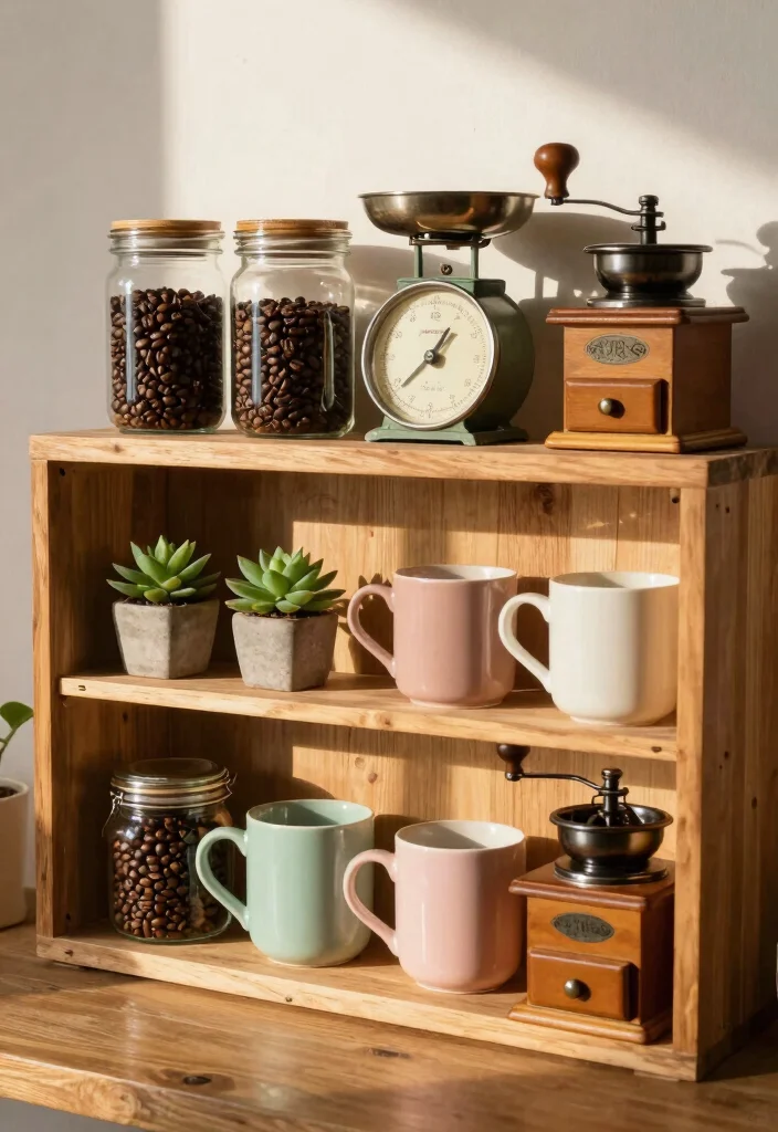 10 Home Coffee Bar Ideas for Cozy Weekend Reset Vibes 1. Rustic Wooden Shelves for Display 0