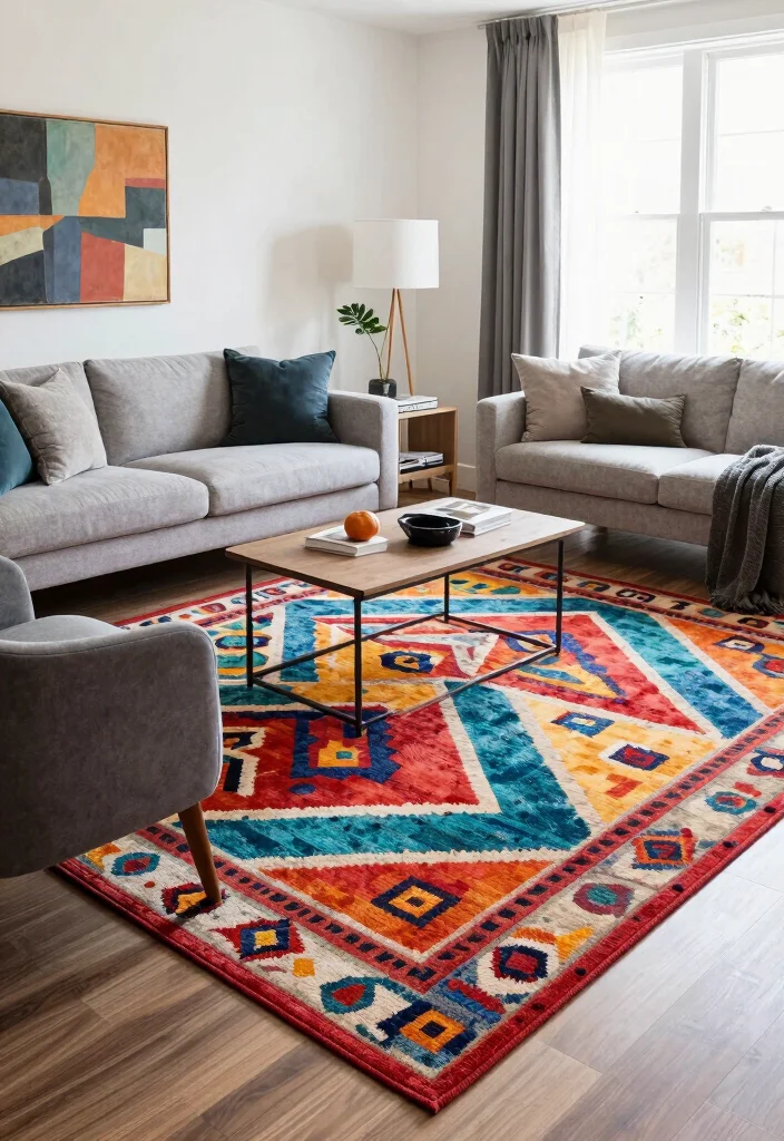 10 Living Room Decor Apartment Ideas That Feel High End 8. Bold Area Rugs 0