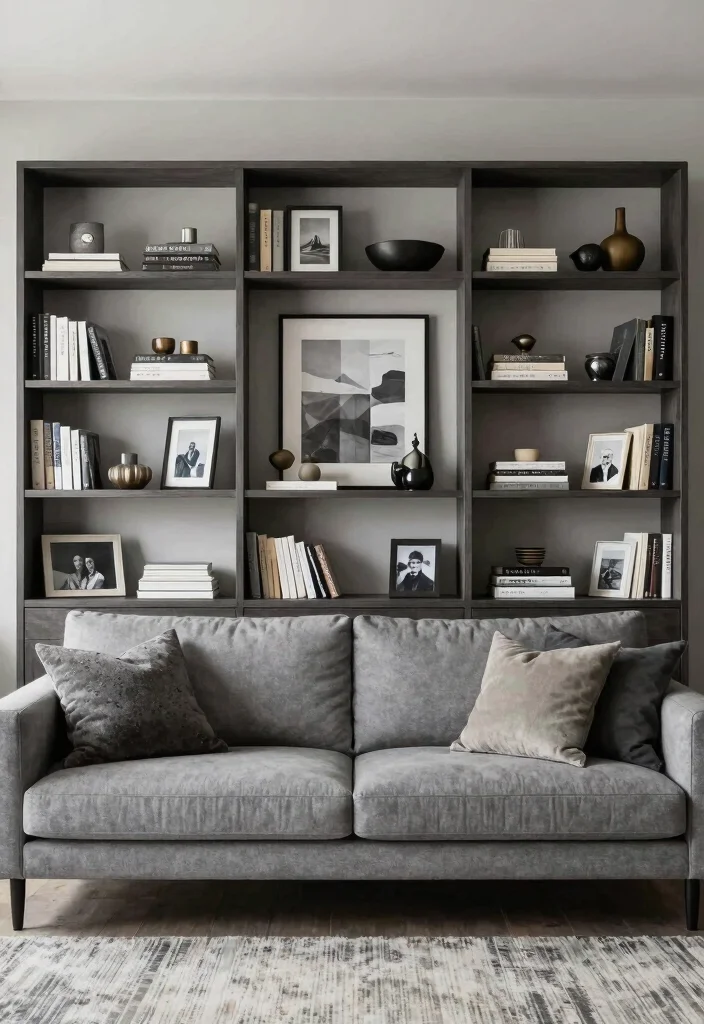 10 Living Room Ideas With Grey Couch That Feel Balanced and Stylish 59 10 Living Room Ideas With Grey Couch That Feel Balanced and Stylish 9. Open Shelving for Display 0