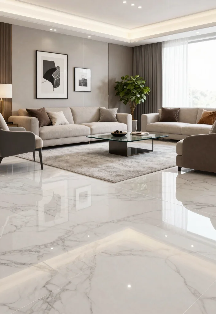 10 Modern Living Room Tile Floor Ideas That Feel Sleek and Polished 1 10 Modern Living Room Tile Floor Ideas That Feel Sleek and Polished 1. Glossy Marble Look Porcelain Tiles 0