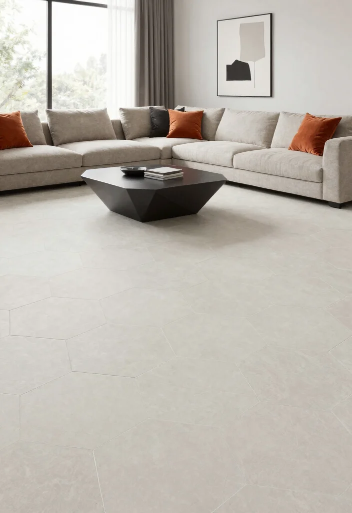 10 Modern Living Room Tile Floor Ideas That Feel Sleek and Polished 24 10 Modern Living Room Tile Floor Ideas That Feel Sleek and Polished 4. Large Format Hexagonal Tiles 0