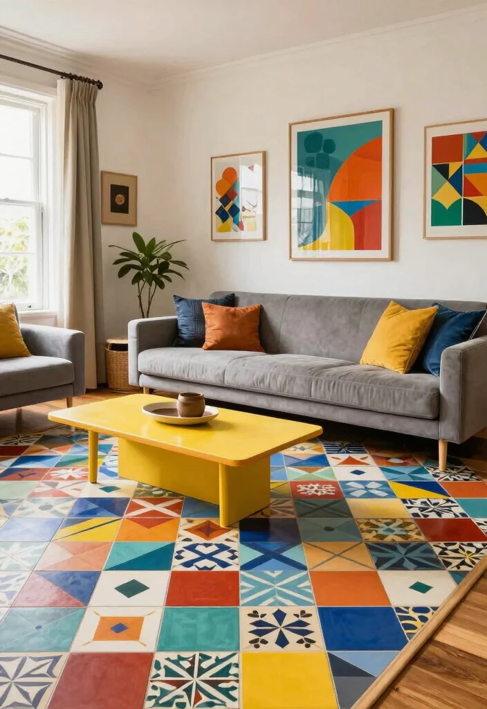 10 Modern Living Room Tile Floor Ideas That Feel Sleek and Polished 26 10 Modern Living Room Tile Floor Ideas That Feel Sleek and Polished 6. Colorful Geometric Pattern Tiles 0