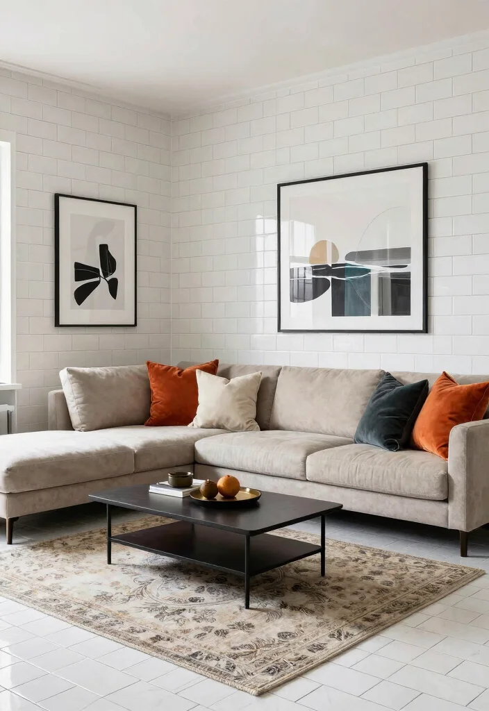 10 Modern Living Room Tile Floor Ideas That Feel Sleek and Polished 49 10 Modern Living Room Tile Floor Ideas That Feel Sleek and Polished 9. Sleek Subway Tiles 0