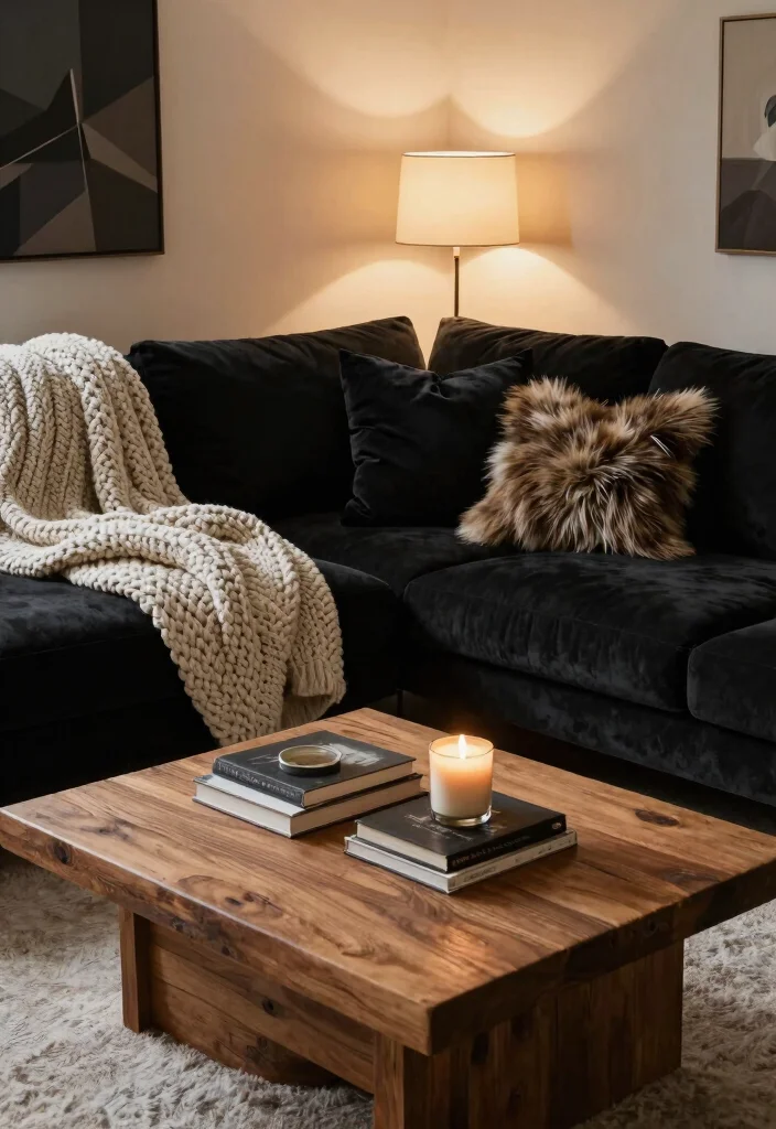 12 Black Sectional Living Room Ideas Decor That Feel Luxe 2. Cozy Layered Textures 0