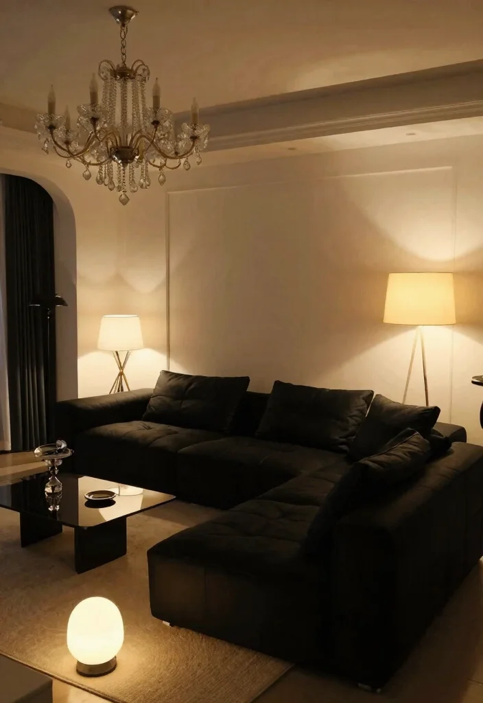 12 Black Sectional Living Room Ideas Decor That Feel Luxe 7. Layered Lighting 0