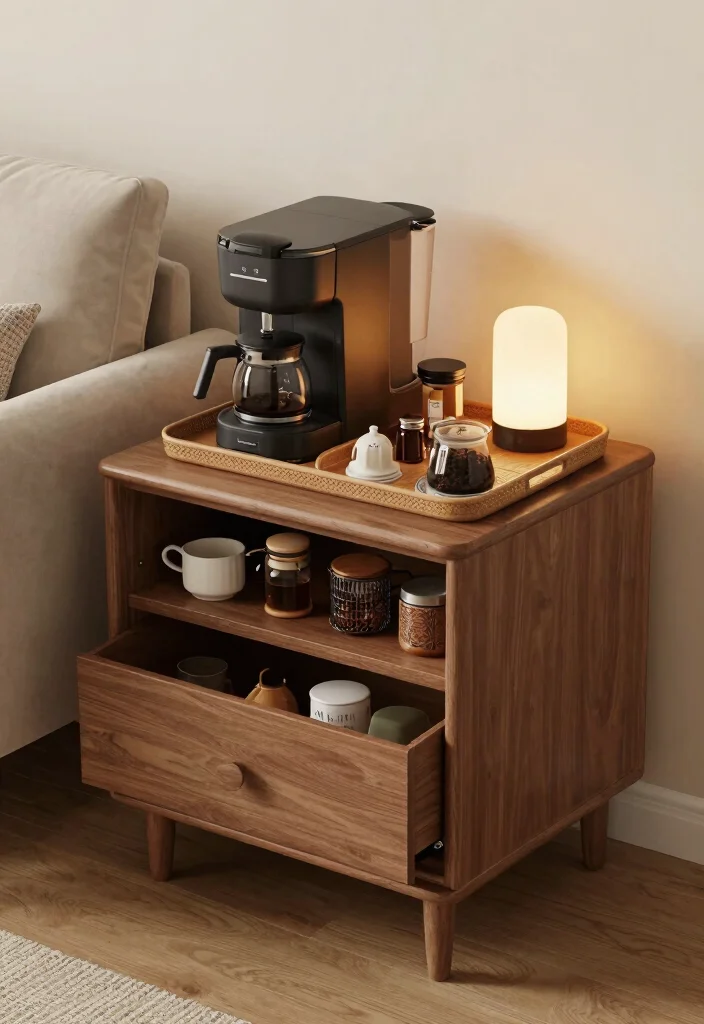 12 Coffee Bar Ideas for Small Spaces That Feel Surprisingly Luxe 47 12 Coffee Bar Ideas for Small Spaces That Feel Surprisingly Luxe 7. Multi Purpose Side Table Coffee Station 0