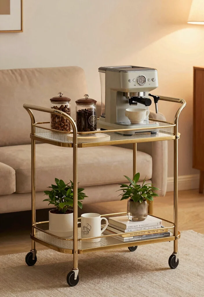 12 Coffee Bar Ideas for Small Spaces That Feel Surprisingly Luxe 48 12 Coffee Bar Ideas for Small Spaces That Feel Surprisingly Luxe 8. Chic Rolling Coffee Trolley 0