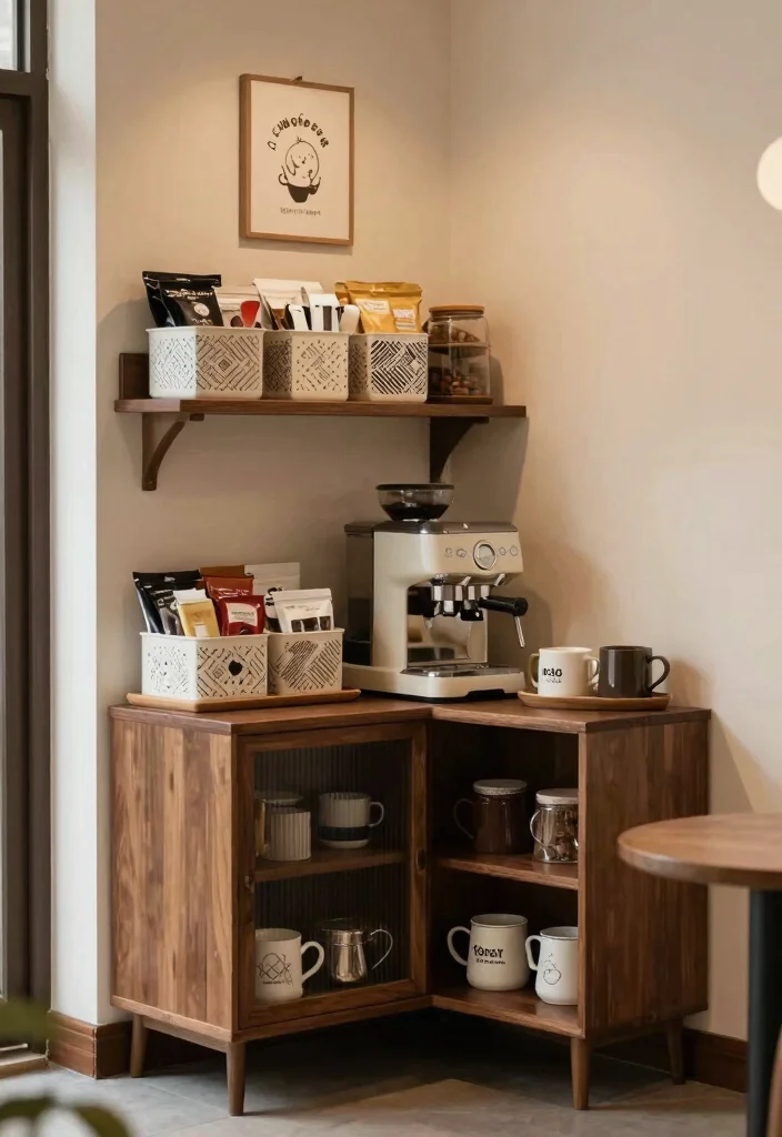 12 Coffee Bar Ideas for Small Spaces That Feel Surprisingly Luxe 49 12 Coffee Bar Ideas for Small Spaces That Feel Surprisingly Luxe 9. Corner Coffee Stand with Storage Bins 0