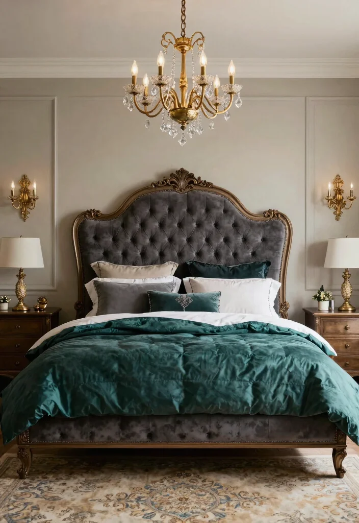 12 Dark Grey Headboard Bedroom Ideas That Feel Hotel Inspired 7. Vintage Glamour 0