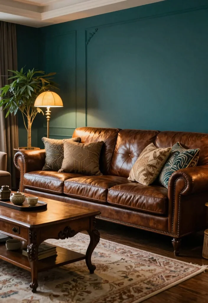 12 Dark Teal Living Room Ideas That Feel Rich and Cozy 1. Embrace Deep Teal with Vintage Leather Furniture 0