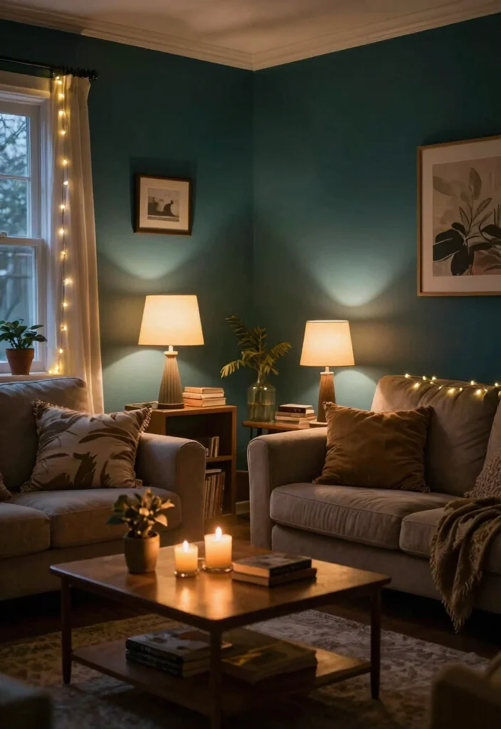 12 Dark Teal Living Room Ideas That Feel Rich and Cozy 10. Soft Lighting for a Warm Ambiance 0