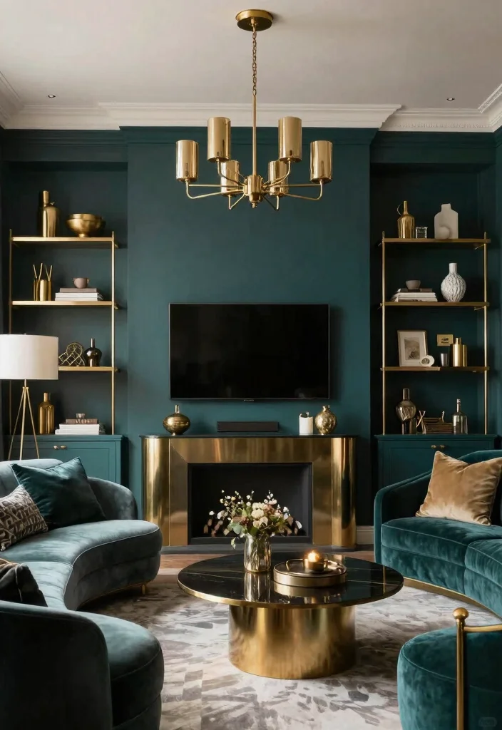 12 Dark Teal Living Room Ideas That Feel Rich and Cozy 11. Dark Teal and Metallic Accents 0