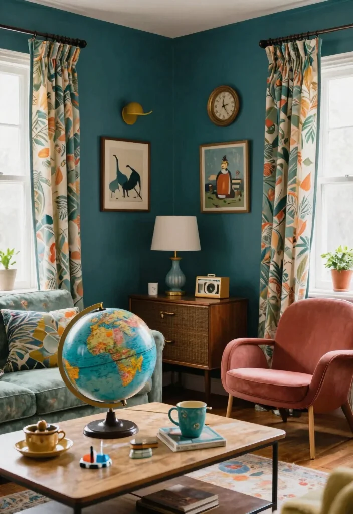 12 Dark Teal Living Room Ideas That Feel Rich and Cozy 12. Whimsical Touches with Vintage Charm 0