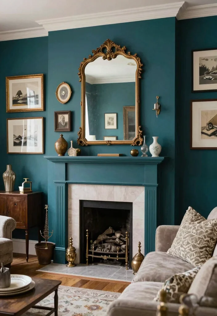 12 Dark Teal Living Room Ideas That Feel Rich and Cozy 3. Vintage Accents Find Your Focal Point 0