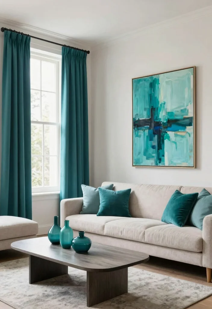 12 Dark Teal Living Room Ideas That Feel Rich and Cozy 5. Bold Teal Accents on Neutral Backdrops 0