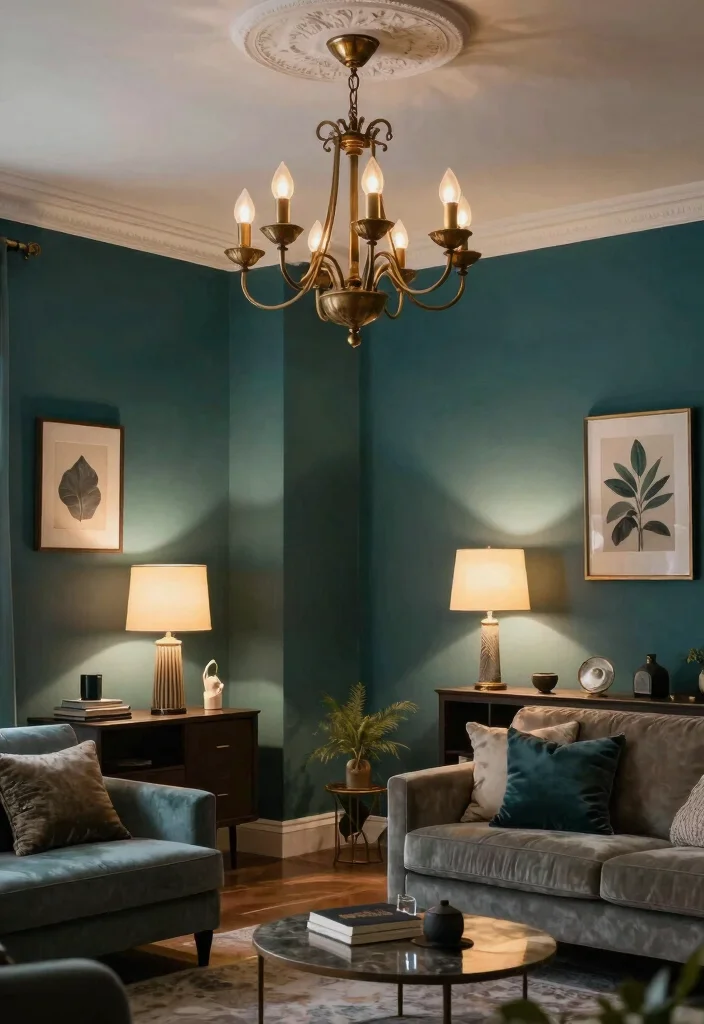 12 Dark Teal Living Room Ideas That Feel Rich and Cozy 6. Artistic Lighting Fixtures 0