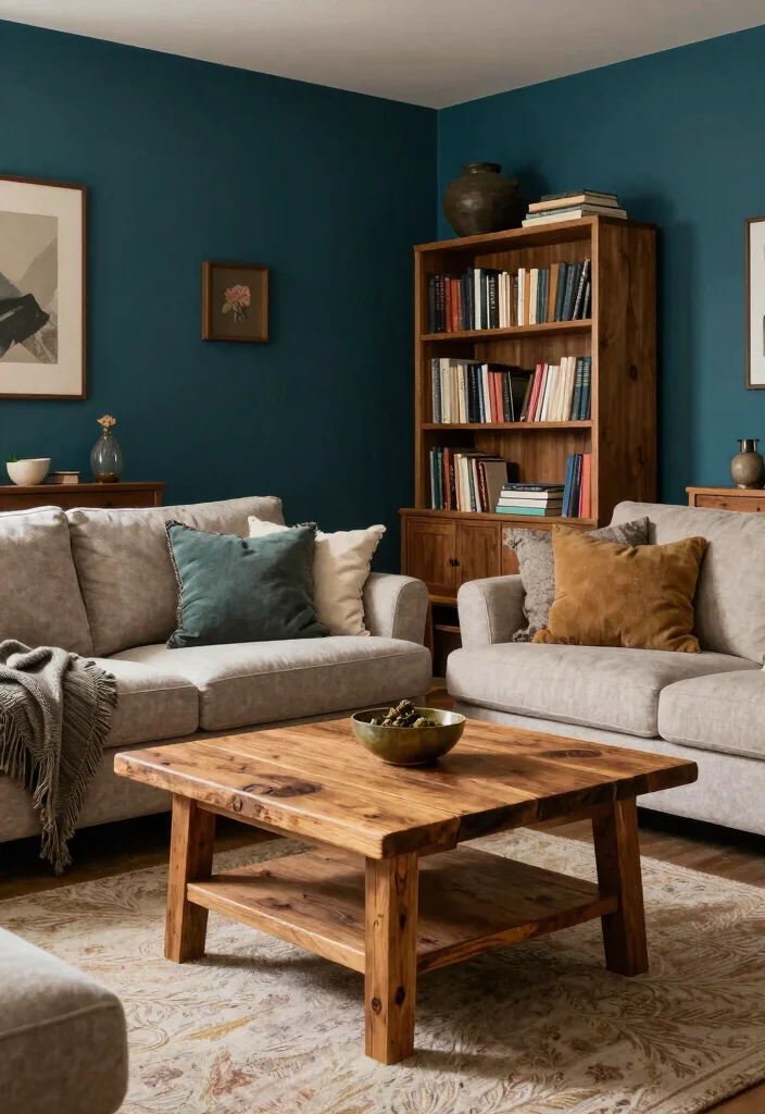 12 Dark Teal Living Room Ideas That Feel Rich and Cozy 7. Dark Teal with Wood Accents 0