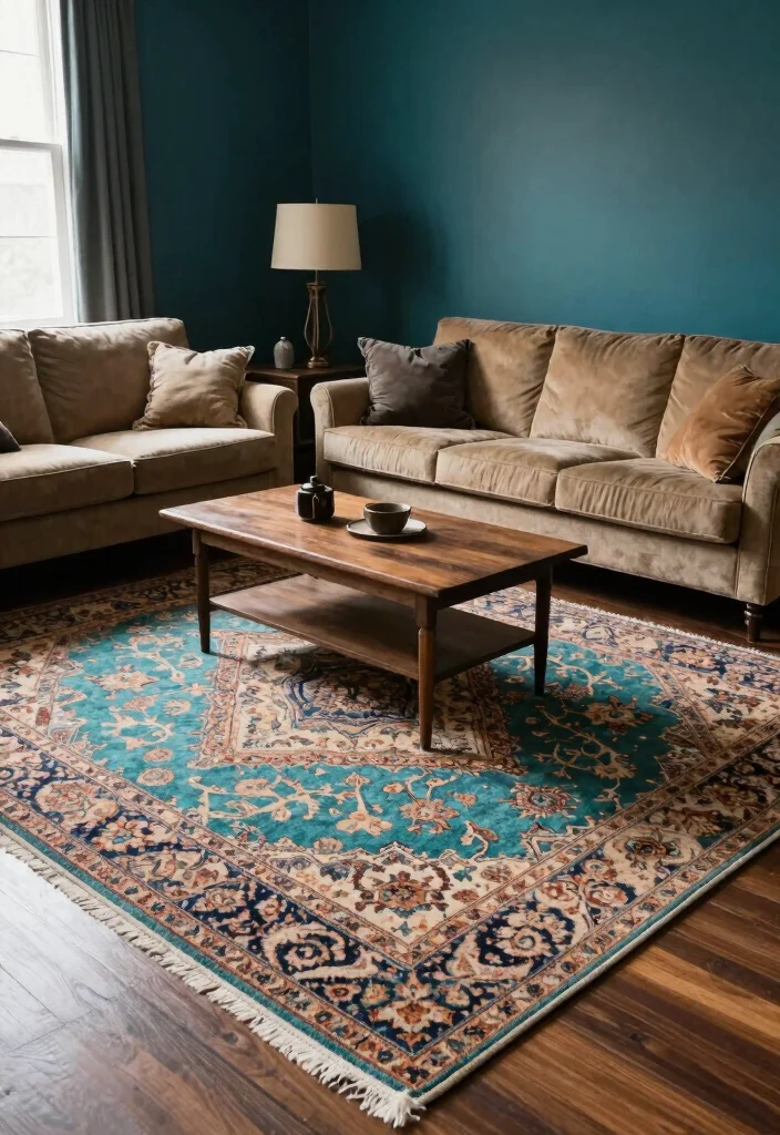 12 Dark Teal Living Room Ideas That Feel Rich and Cozy 8. Vintage Rugs for a Cozy Touch 0
