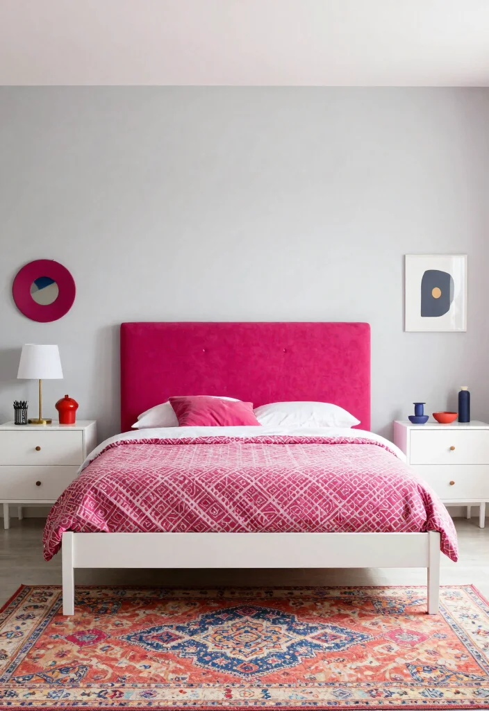 12 Pink Headboard Bedroom Ideas That Feel Playful but Chic 12 12 Pink Headboard Bedroom Ideas That Feel Playful but Chic 2. Bold Fuchsia with Geometric Patterns 0