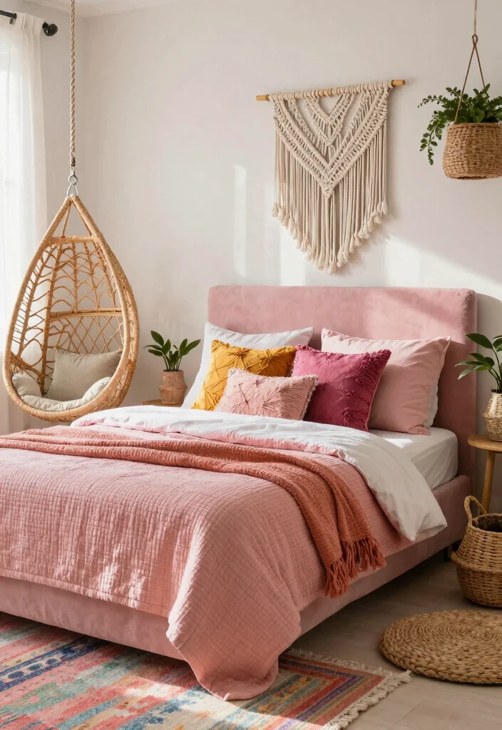 12 Pink Headboard Bedroom Ideas That Feel Playful but Chic 13 12 Pink Headboard Bedroom Ideas That Feel Playful but Chic 3. Soft Pink with Bohemian Accents 0
