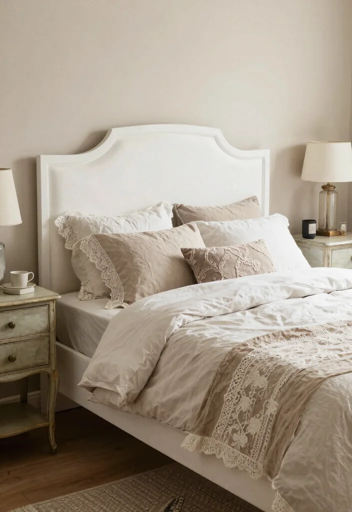 12 White Headboard Bedroom Ideas with Airy Soft Contrast 12. Vintage Chic 0