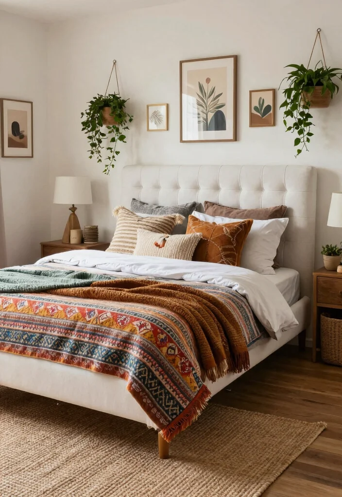 12 White Headboard Bedroom Ideas with Airy Soft Contrast 4. Cozy Bohemian Vibes 0
