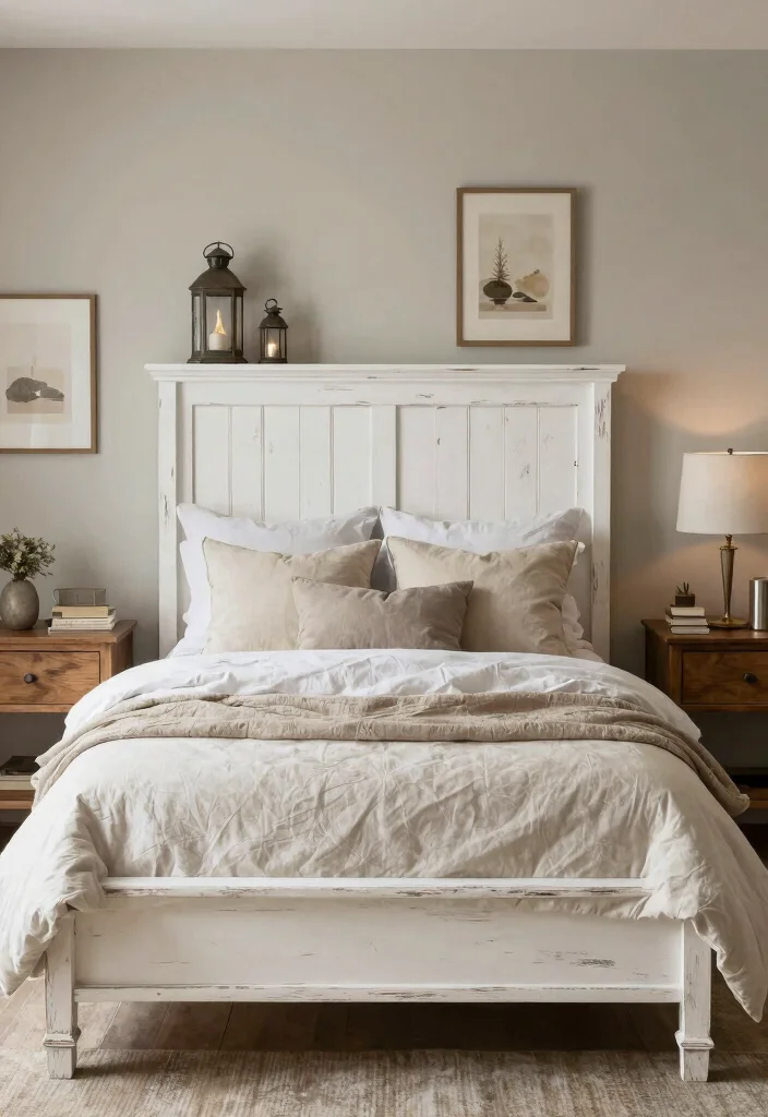 12 White Headboard Bedroom Ideas with Airy Soft Contrast 6. Elegant Farmhouse Charm 0