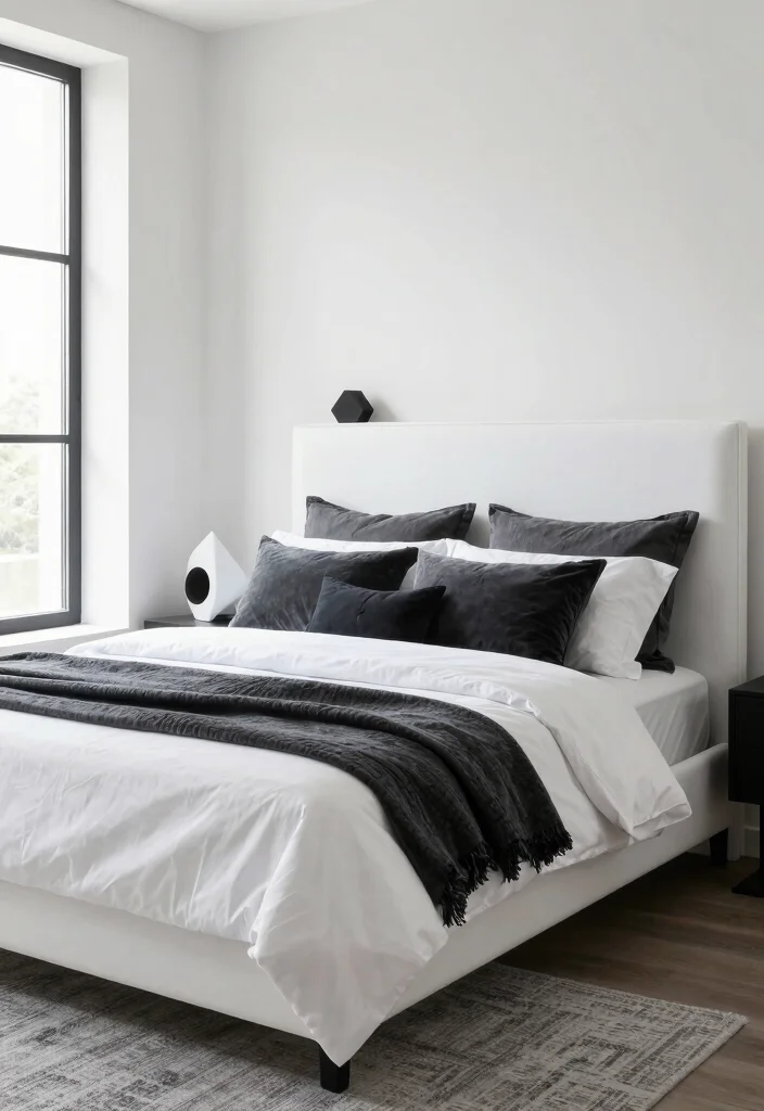 12 White Headboard Bedroom Ideas with Airy Soft Contrast 8. Monochrome Magic 0