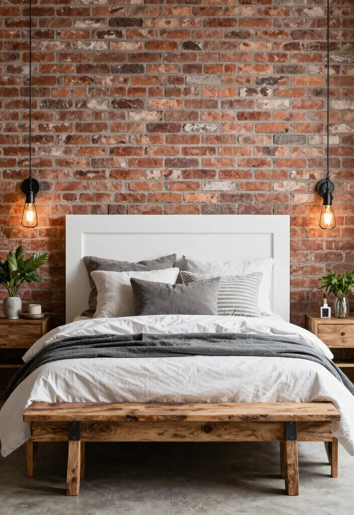 12 White Headboard Bedroom Ideas with Airy Soft Contrast 9. Rustic Industrial Fusion 0