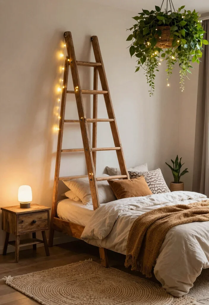14 Bed With No Headboard Ideas That Feel Calm and Balanced 38 14 Bed With No Headboard Ideas That Feel Calm and Balanced 8. Vintage Ladder as a Headboard Alternative 0