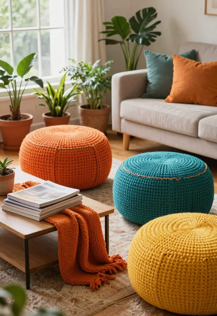 14 Pouf Ottoman Living Room Ideas for Relaxed Flexible Seating 1. Colorful Crochet Poufs for a Playful Touch 0