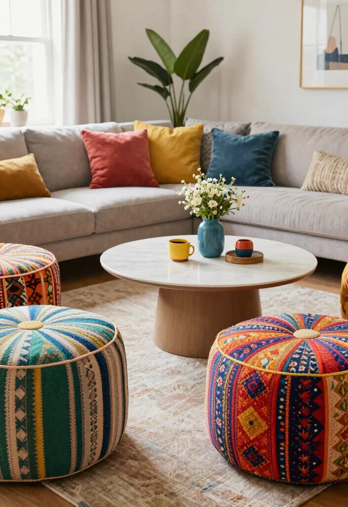 14 Pouf Ottoman Living Room Ideas for Relaxed Flexible Seating 10. Stylish Fabric Poufs for a Colorful Pop 0
