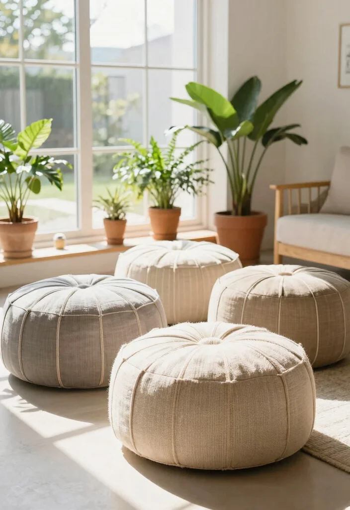 14 Pouf Ottoman Living Room Ideas for Relaxed Flexible Seating 11. Outdoor Inspired Poufs for a Breezy Feel 0