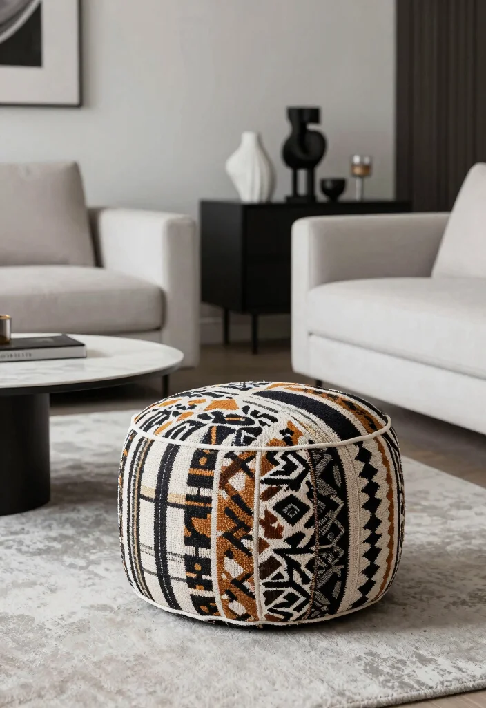 14 Pouf Ottoman Living Room Ideas for Relaxed Flexible Seating 13. Artistic Poufs as Focal Points 0