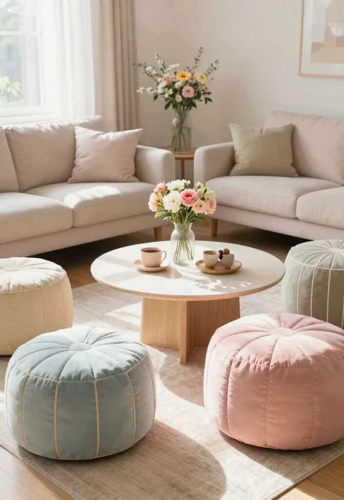 14 Pouf Ottoman Living Room Ideas for Relaxed Flexible Seating 14. Seasonal Poufs for Year Round Style 0