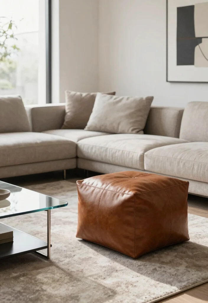 14 Pouf Ottoman Living Room Ideas for Relaxed Flexible Seating 3. Modern Leather Poufs for a Chic Edge 0